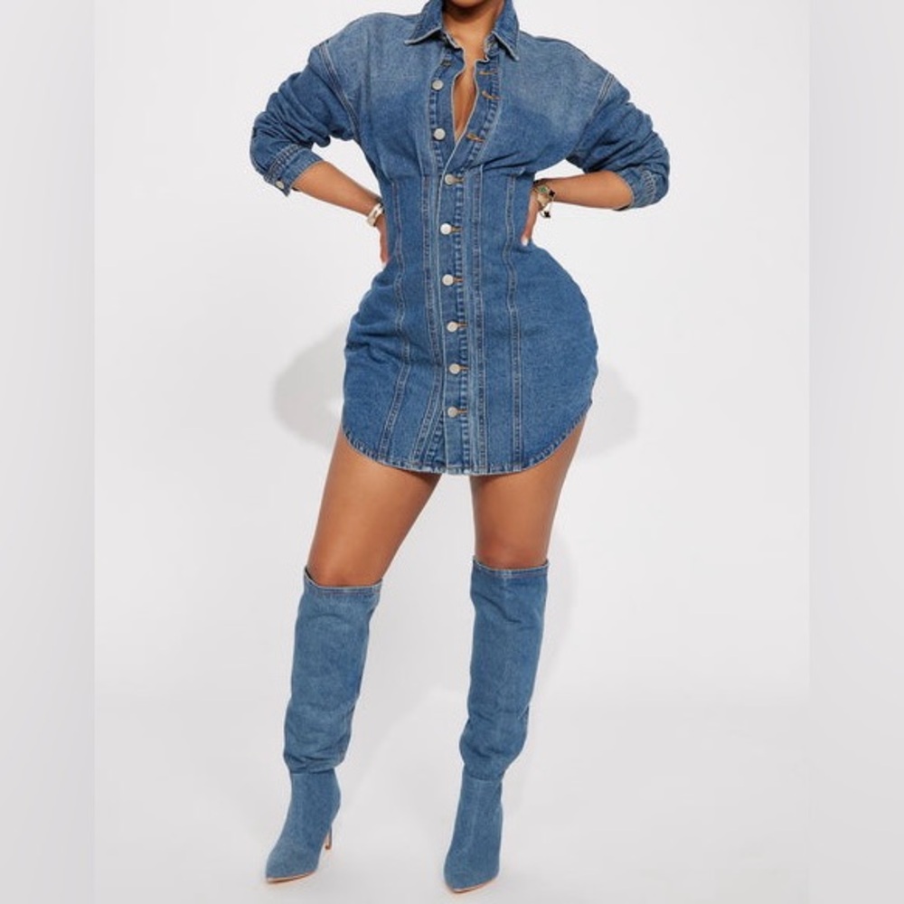 Fashion Nova Medium Blue Denim Button-Front Long Sleeve Mini Dress